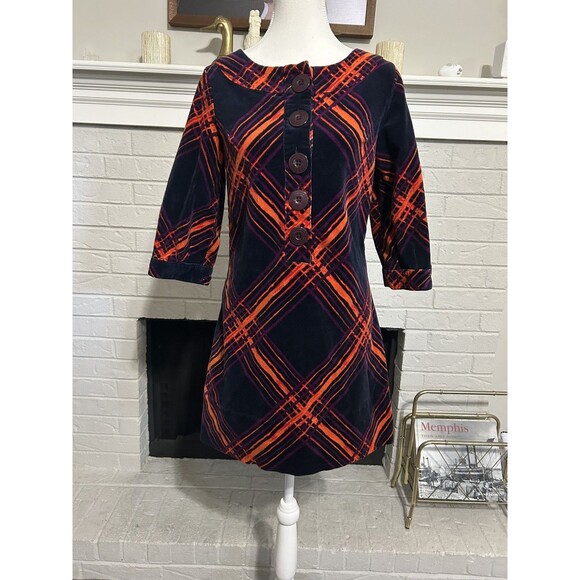 GO International Dress Womens Med Navy Orange Purple Plaid Corduroy 70’s Retro - Picture 1 of 8
